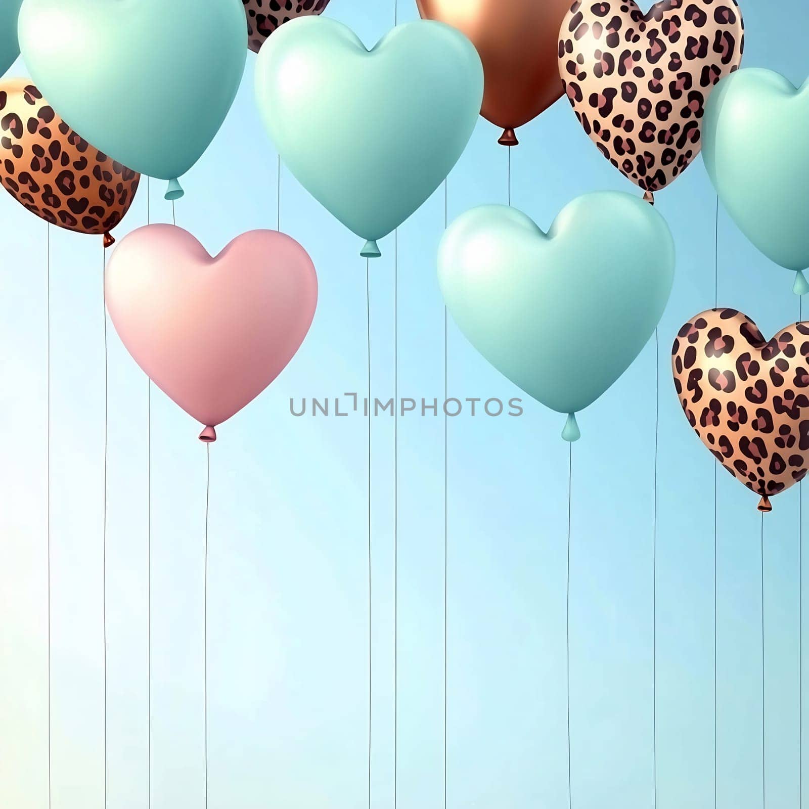Heart-shaped balloons in various colors and patterns are gently floating against a clear blue sky.