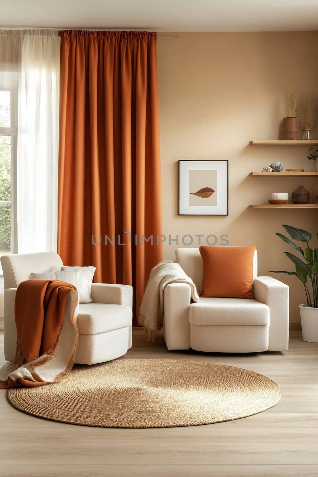 A serene living room features two plush chairs, warm curtains, a round rug, and decorative plants, creating a welcoming atmosphere.