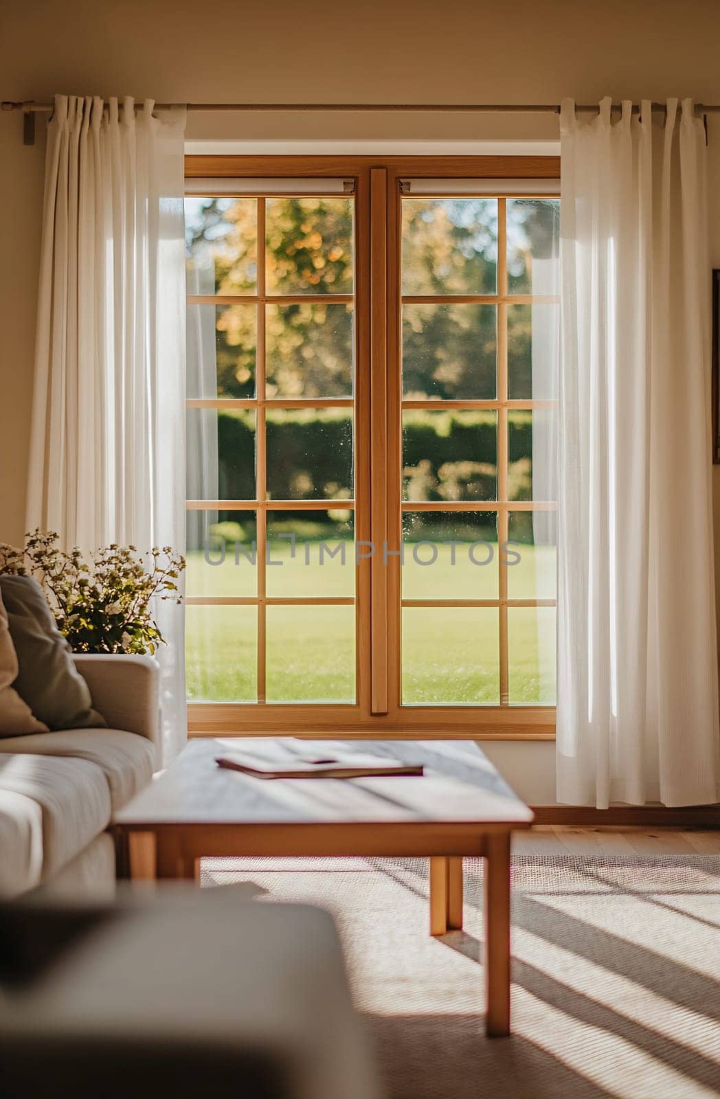 A cozy living room features a large window with sheer curtains, offering a view of the vibrant green garden outside.