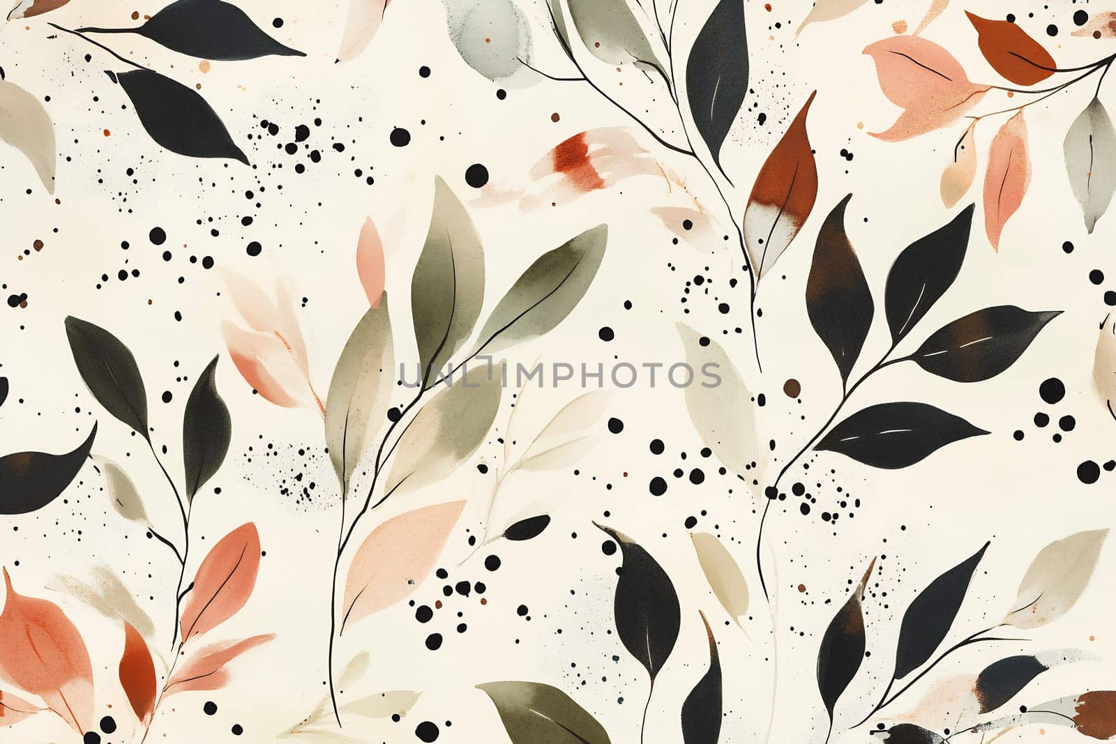 This design features a delicate arrangement of leaves in various colors, set against a soft, neutral background with artistic splashes.