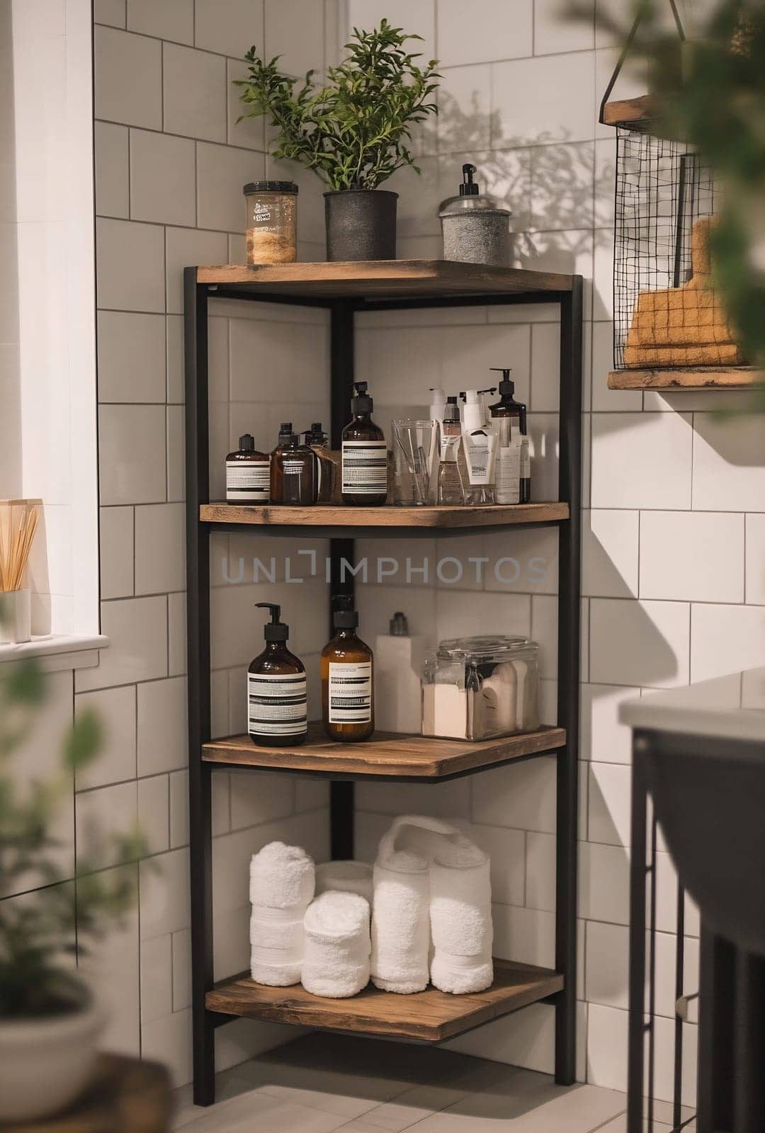 A modern corner shelf displays various toiletries, glassware, and potted plants in a neatly organized bathroom space.