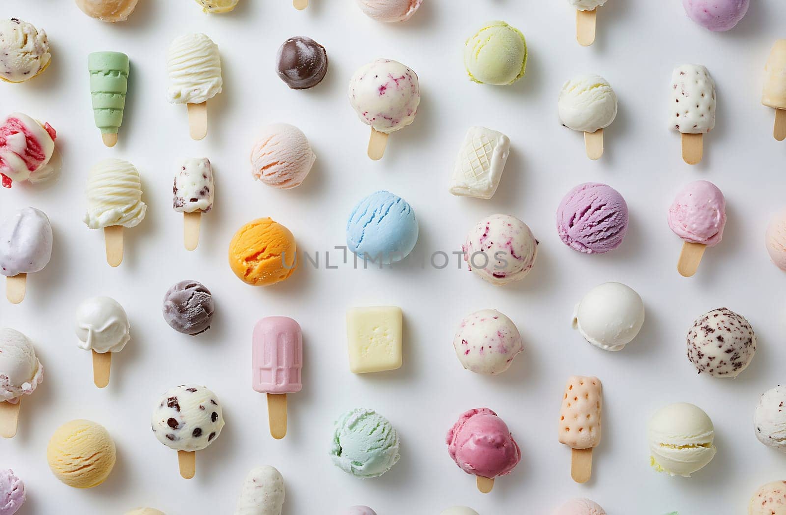 A vibrant display of various ice cream flavors arranged neatly, showcasing colorful scoops and ice cream bars on a white background.