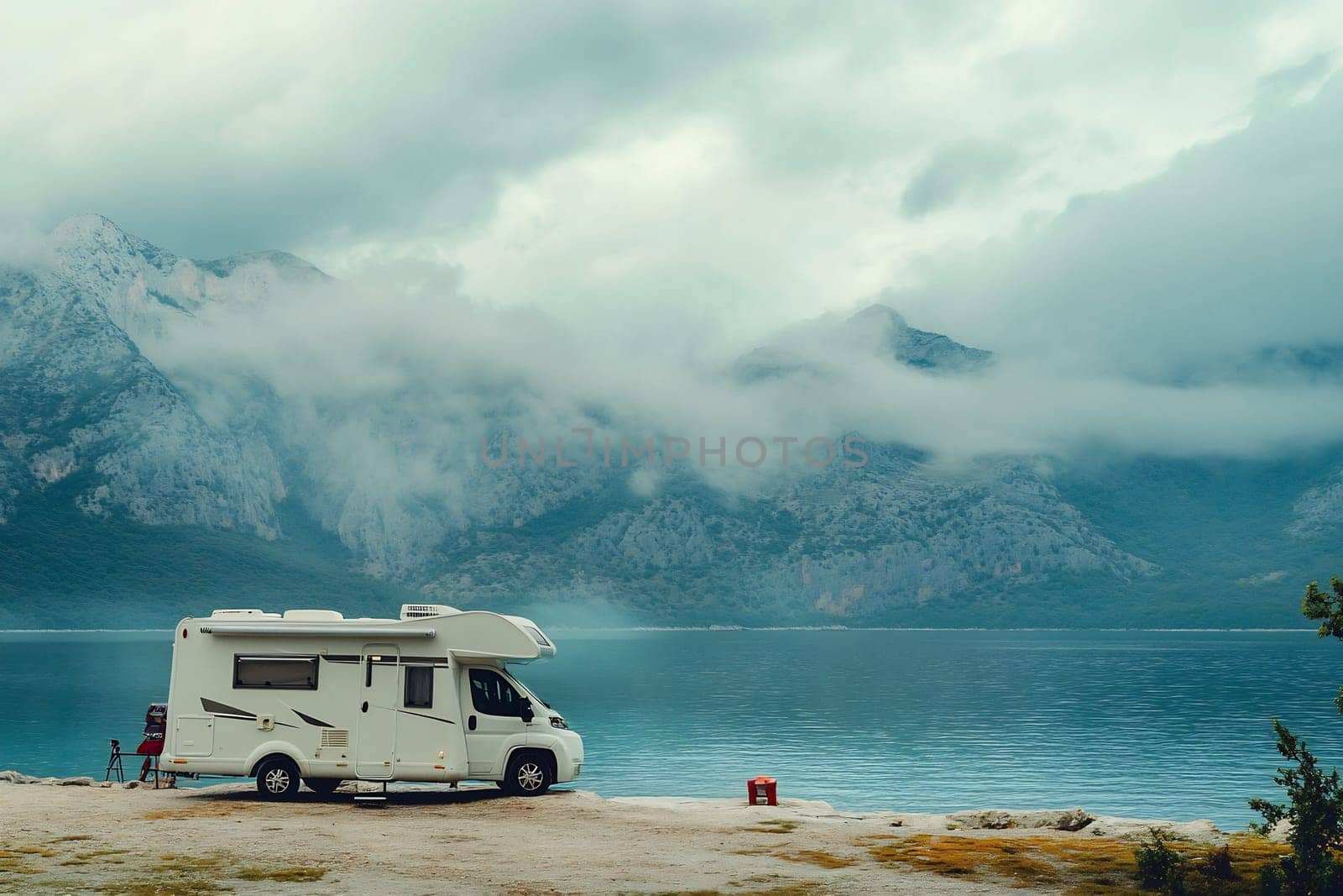 A camper van parked by a tranquil lake with misty mountains in the background during early morning hours.