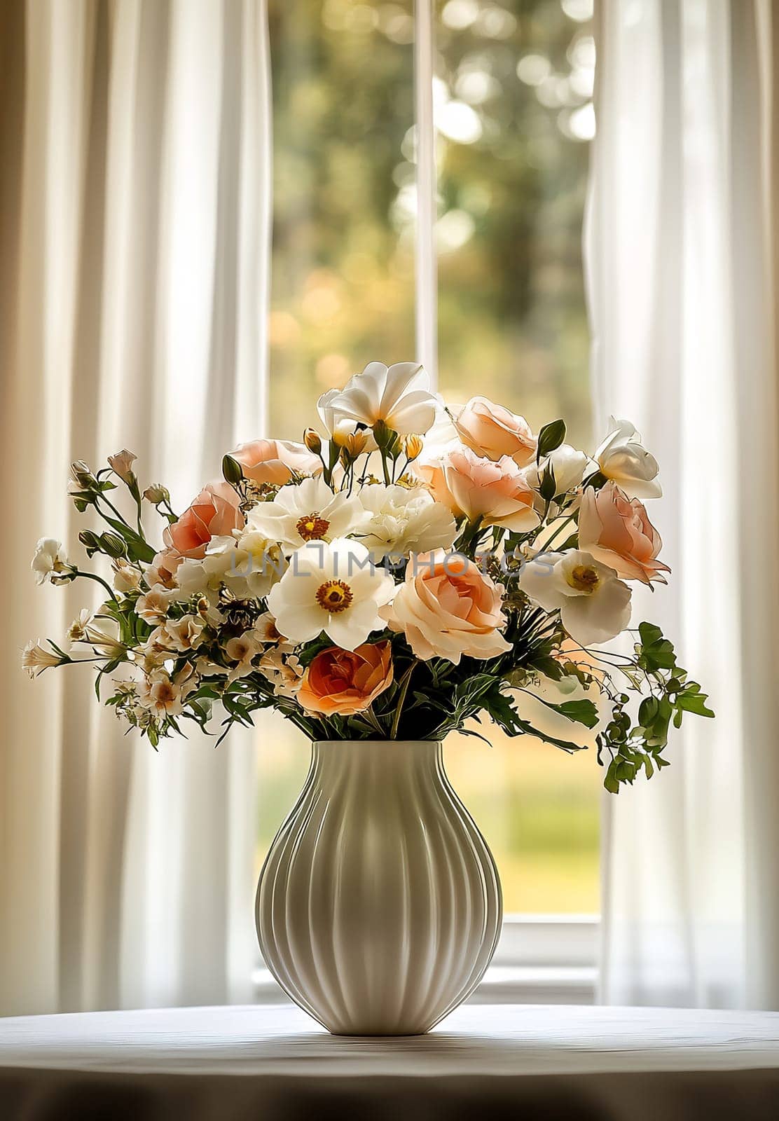 A vase of peach and white flowers brightens up a room, set against soft curtains and natural light.