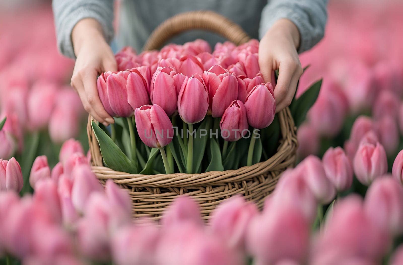 A woman collects vibrant pink tulips in a wicker basket amidst a beautiful blooming field during spring.