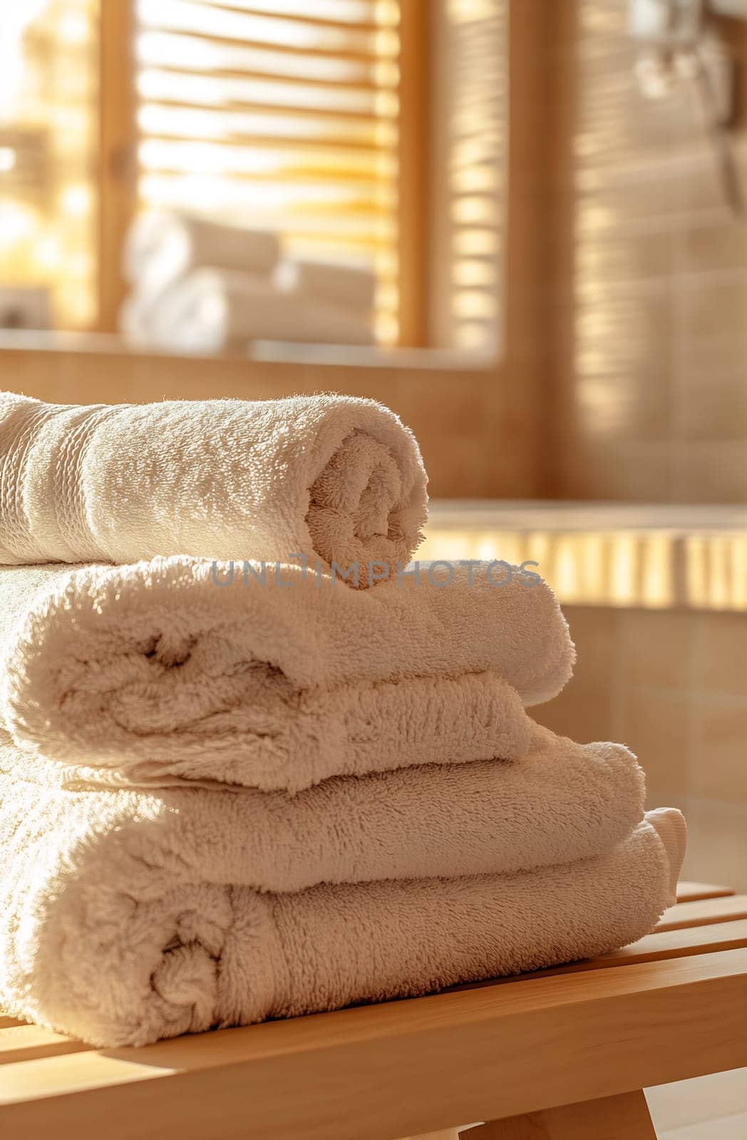 Plush towels are beautifully arranged on a wooden bench in a sunlit, inviting bathroom setting, enhancing relaxation and comfort.