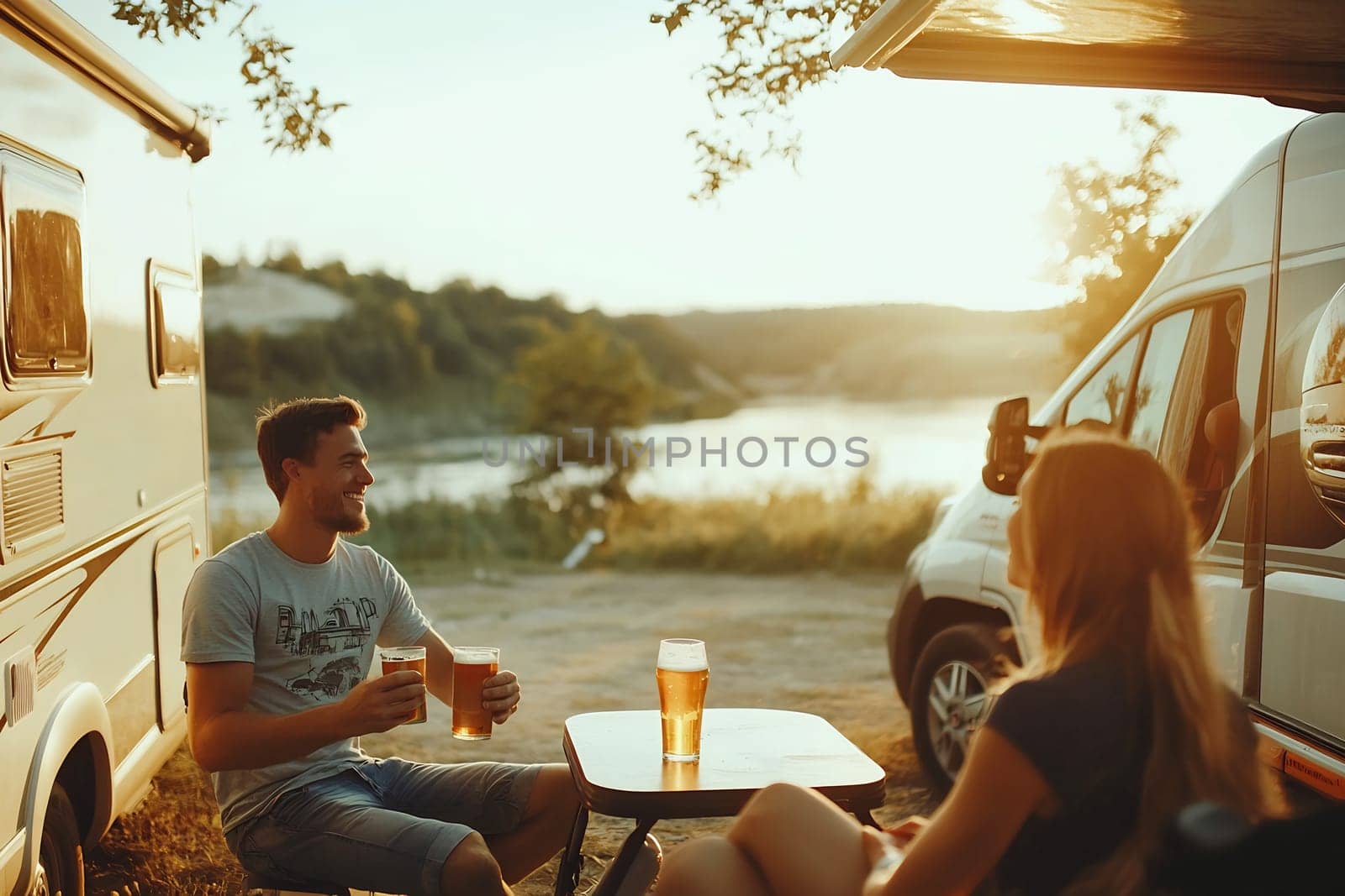 Two people relax by their campers, enjoying drinks and the sunset near a serene lake on a warm summer evening.