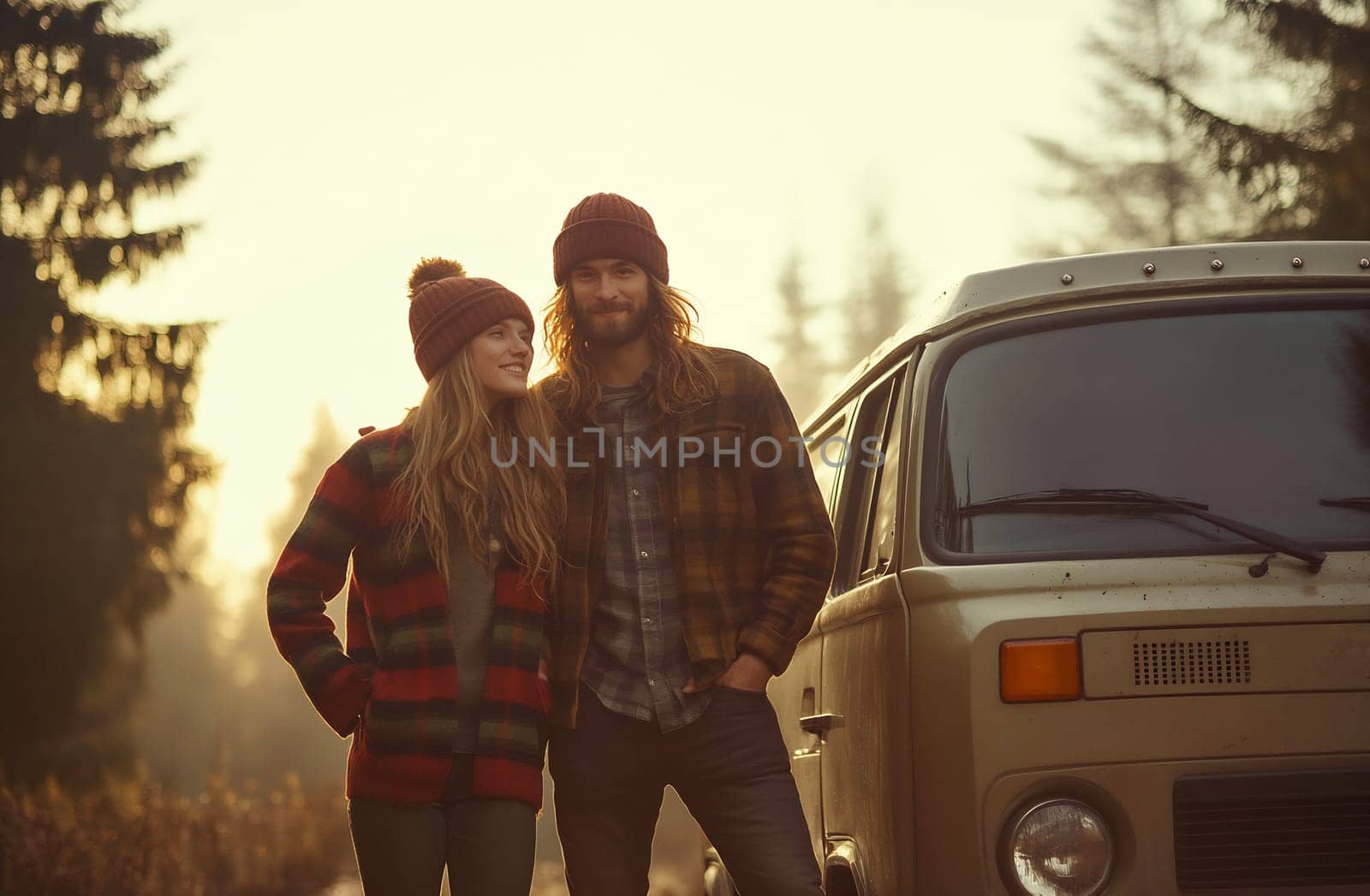 A couple stands close together, wearing warm outfits, by a classic van as the sun sets in a forested area.
