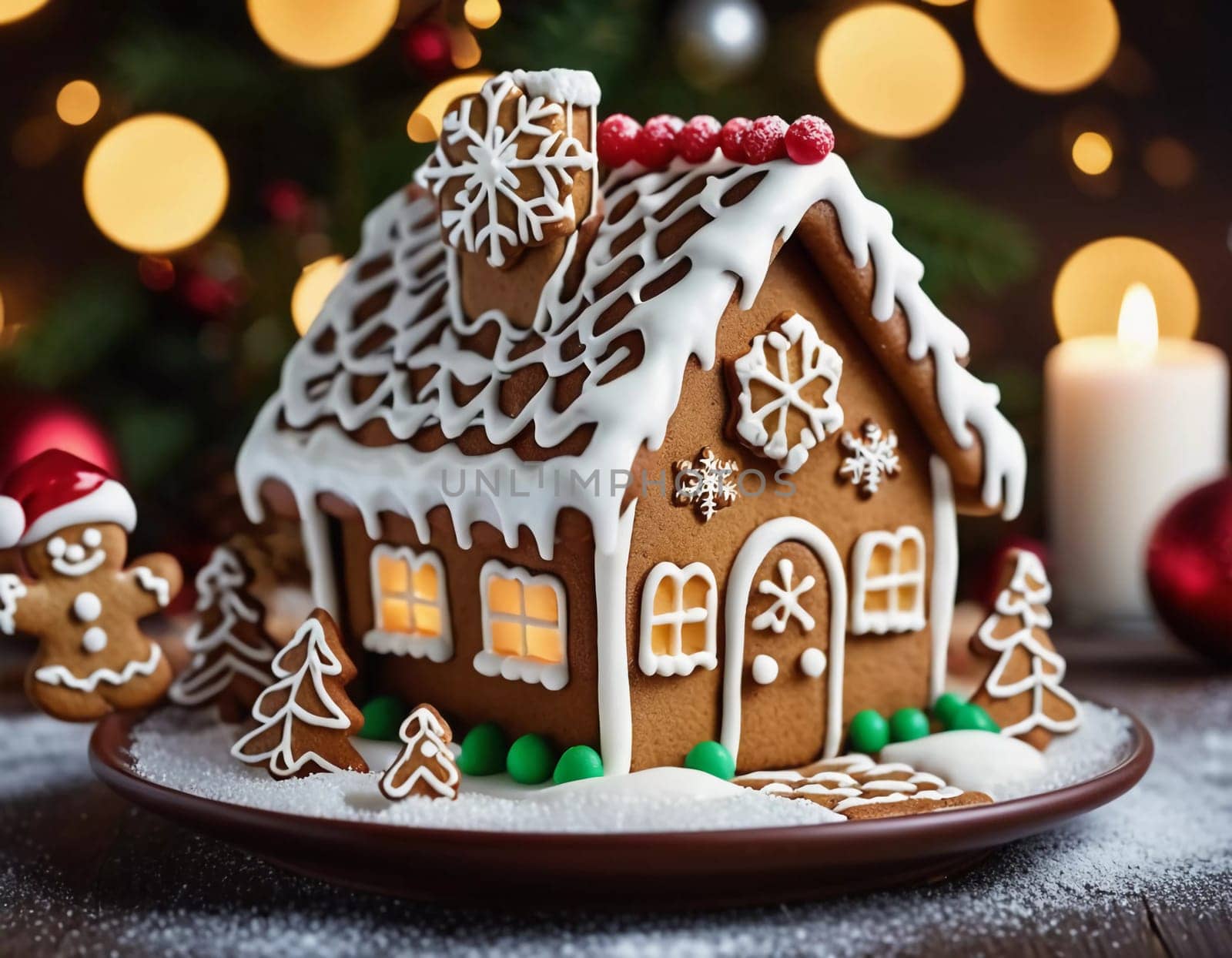 A festive gingerbread house stands out on a plate, adorned with icing, candy, and snow-like decorations. It captures the spirit of Christmas baking, surrounded by a cheerful atmosphere. Generative AI.