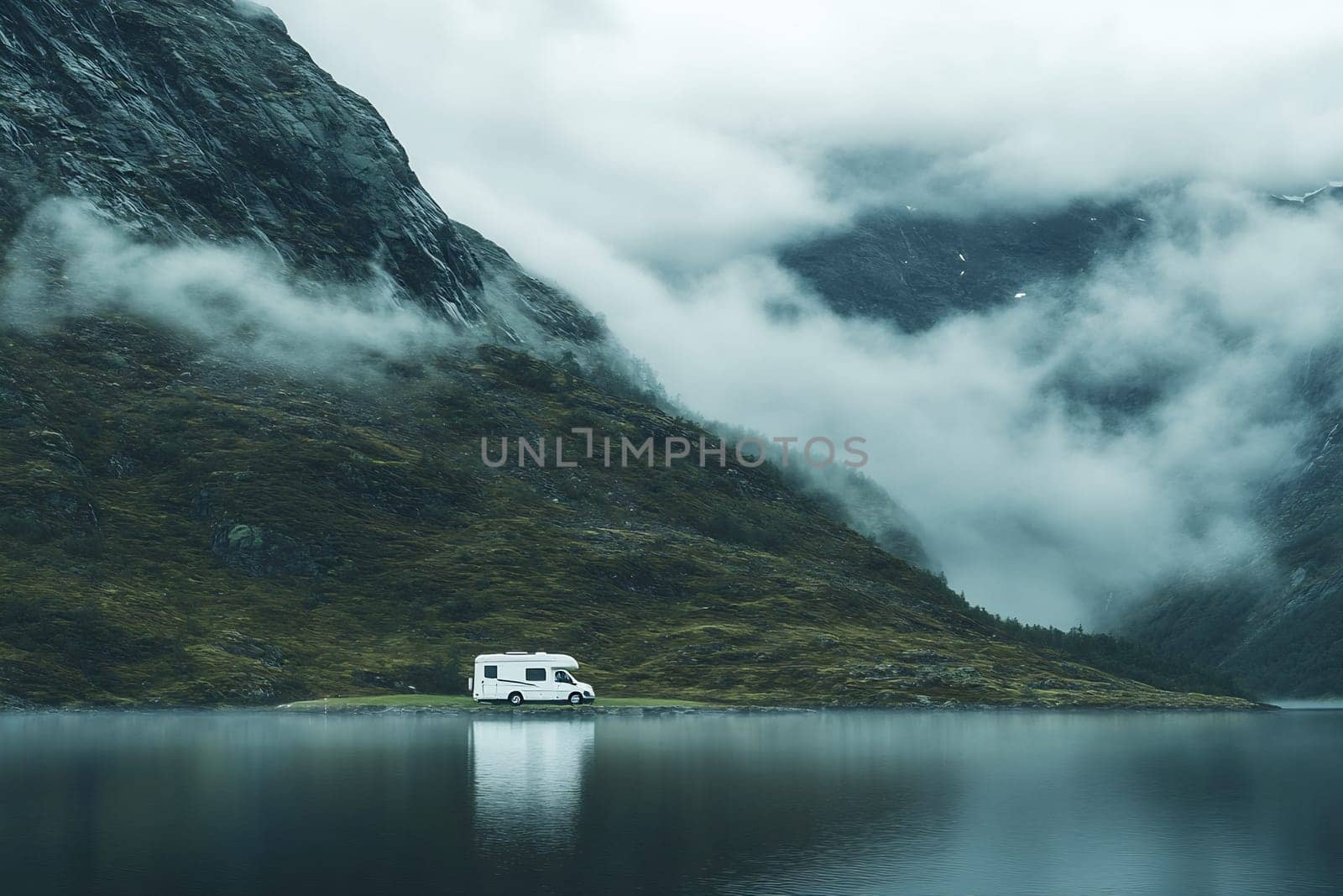 A white camper van is parked by a serene lake surrounded by misty mountains in Norway, creating a peaceful outdoor retreat.