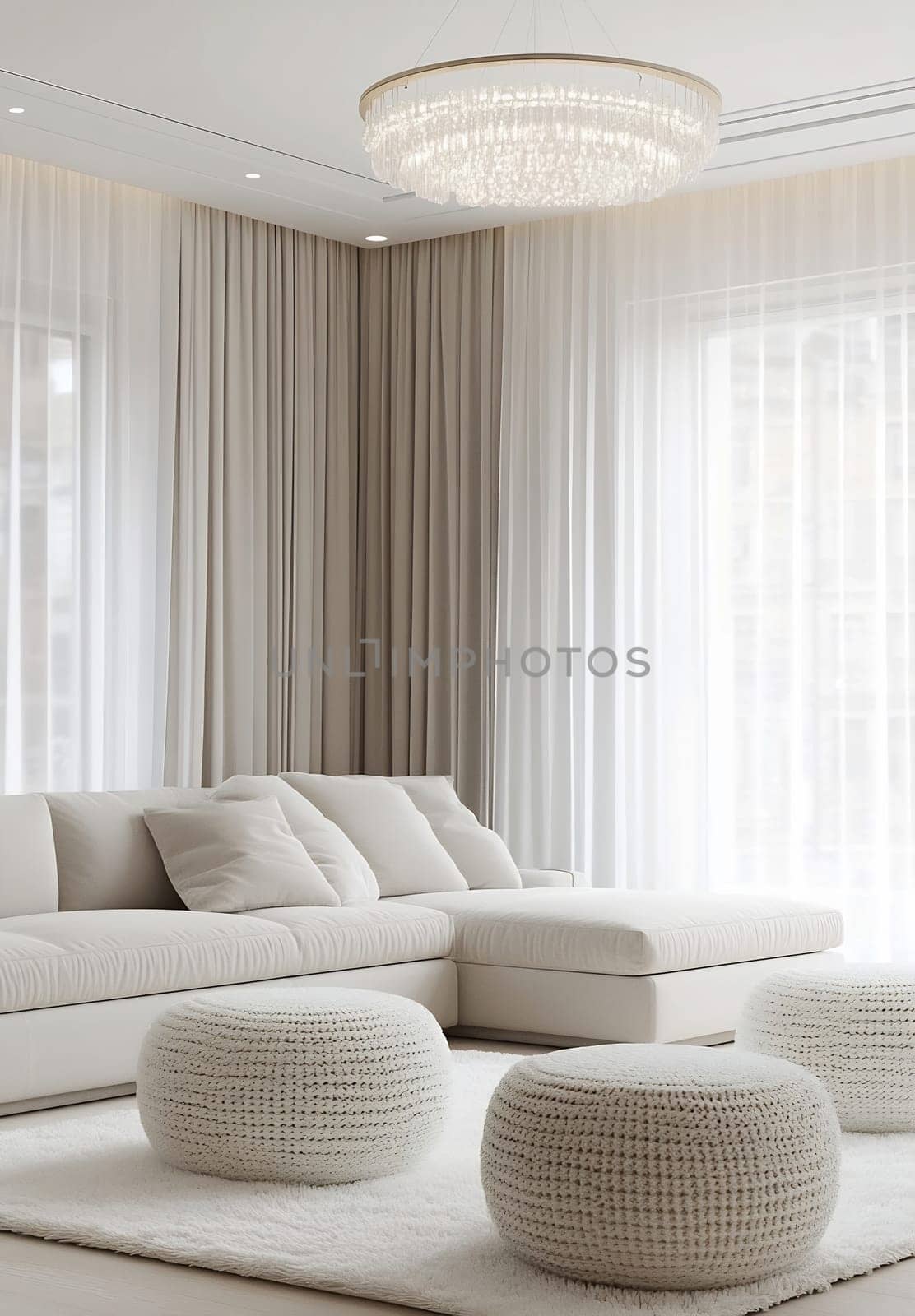 A stylish living room featuring a white sectional sofa, circular poufs, and sheer curtains allowing natural light to flow in.