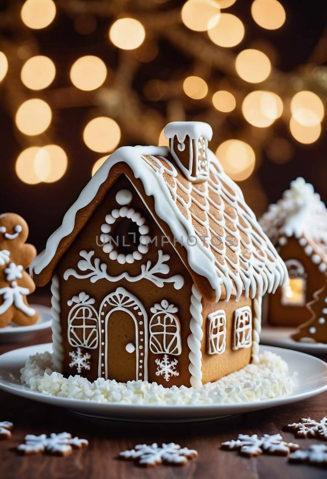 A festive gingerbread house stands out on a plate, adorned with icing, candy, and snow-like decorations. It captures the spirit of Christmas baking, surrounded by a cheerful atmosphere. Generative AI.