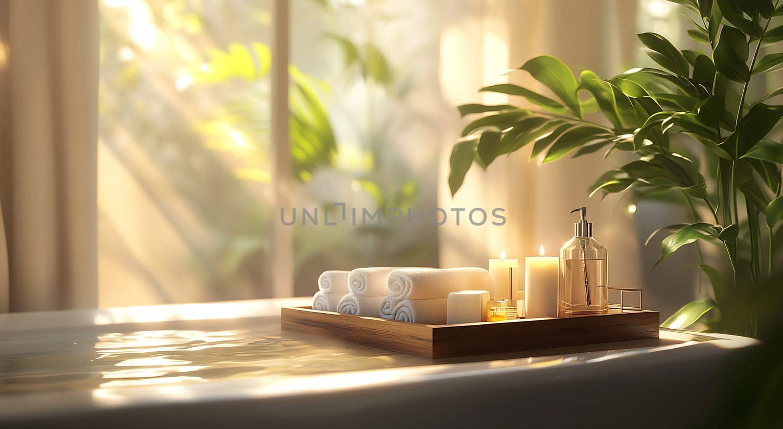 A serene spa setting featuring a wooden tray with candles and fresh towels beside a peaceful water surface.