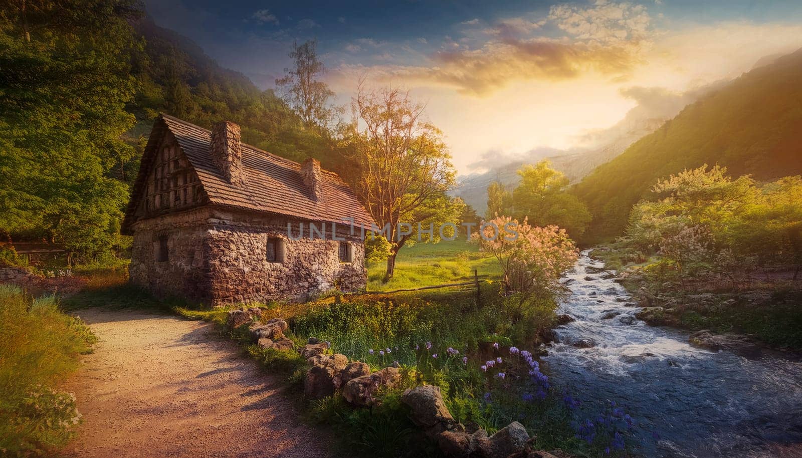 Old stone cabin on a valley near a flowing stream surrounded by green hills. The scene is bathed in warm, golden light from the setting sun, blooming flowers and trees adding to the serene atmosphere