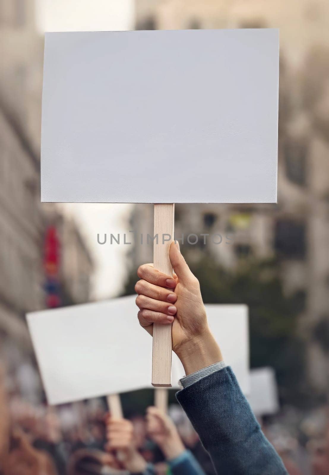 People hands holding banners during a protest parade on city streets. Protesters demonstration with blank pancart for copy space publicity. Multiple activists demand their rights