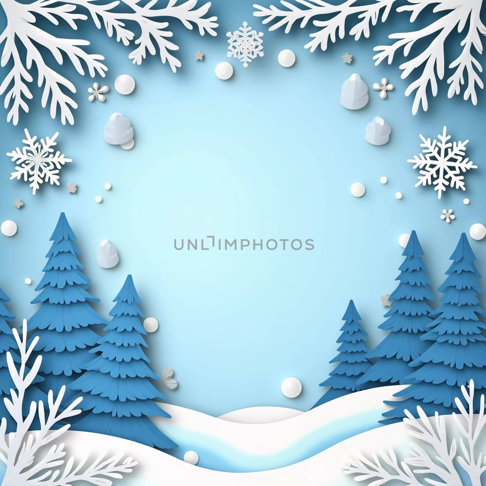 A handcrafted winter scene features delicate paper cut designs of snow-covered trees and intricate snowflakes against a soft blue background for holiday decor. New Year, Christmas. Generative AI.