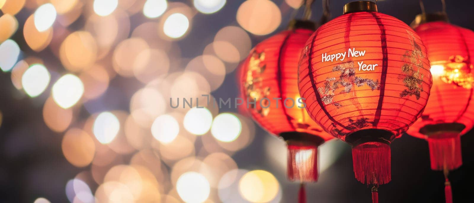 Colorful red lanterns illuminate the night as fireworks burst in the background marking the arrival of a joyous new year celebration.