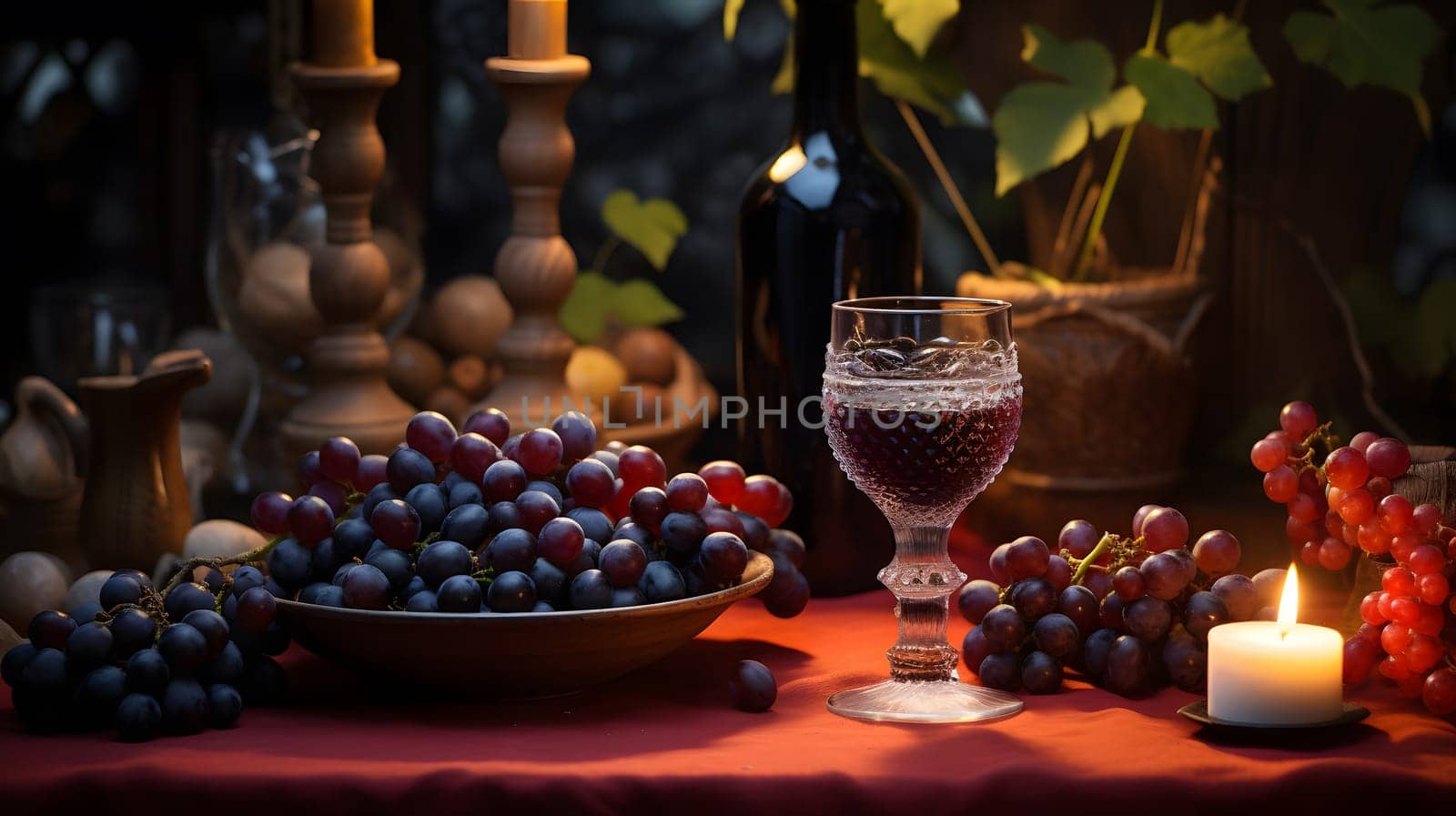 Bottle and glass of wine with bunch of grapes. Neural network AI generated art