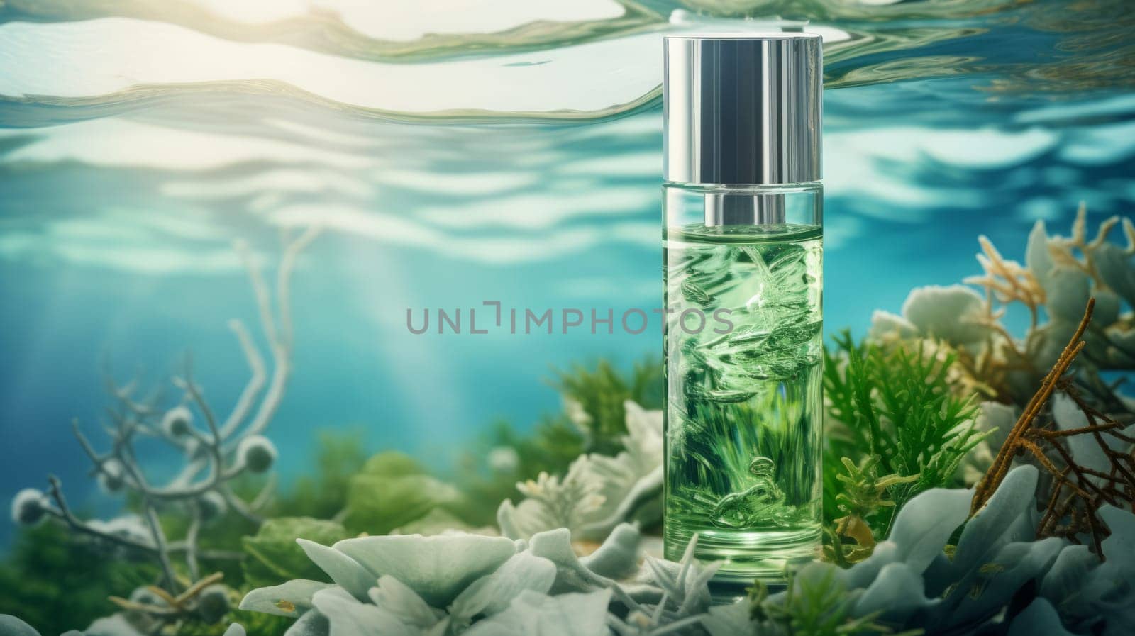 Cosmetic spa medical skincare against the backdrop of the underwater world. Neural network AI generated art
