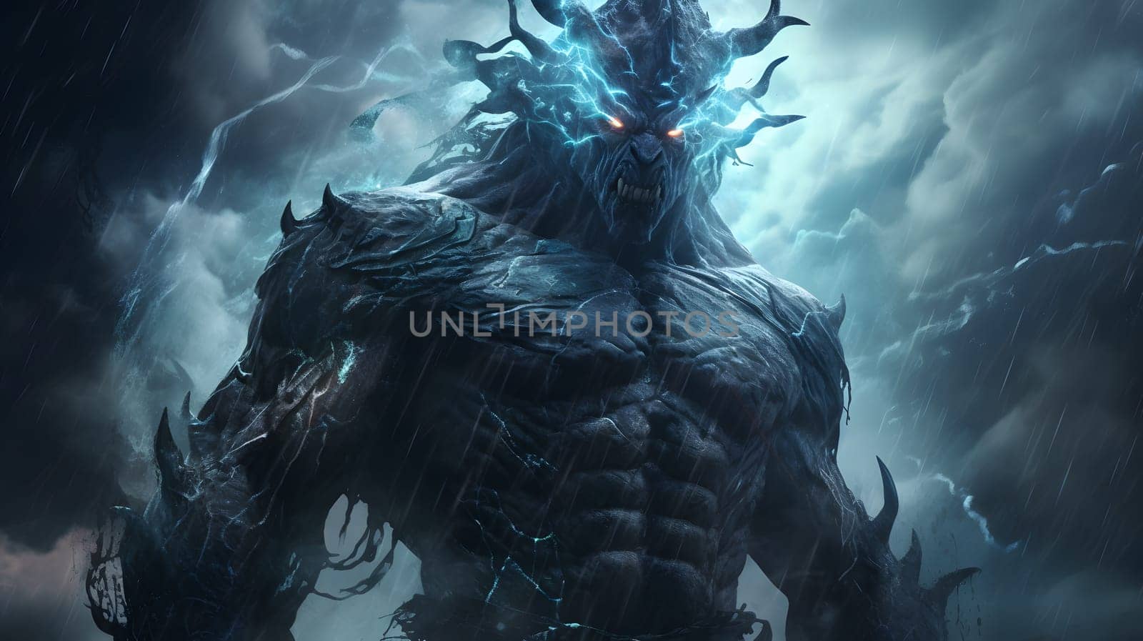 Demon with blue lightning, devil. Neural network AI generated art