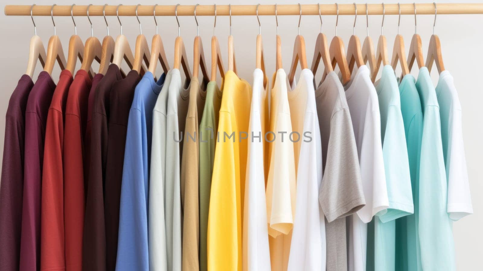 colorful of t-shirt with hangers in market, Fashion style. Neural network AI generated art