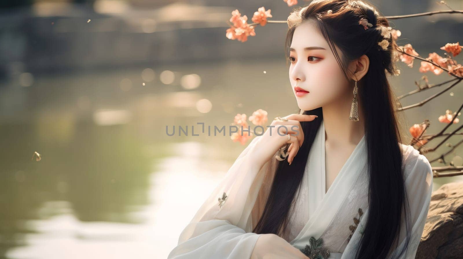 Asian young woman with sakura petals near the lake. Neural network AI generated art