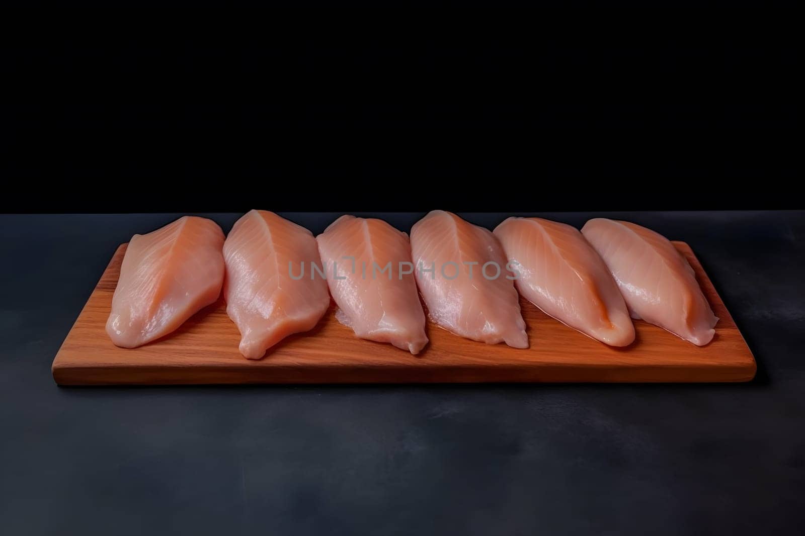 raw chicken fillets on wooden cutting board, top view. Neural network AI generated art