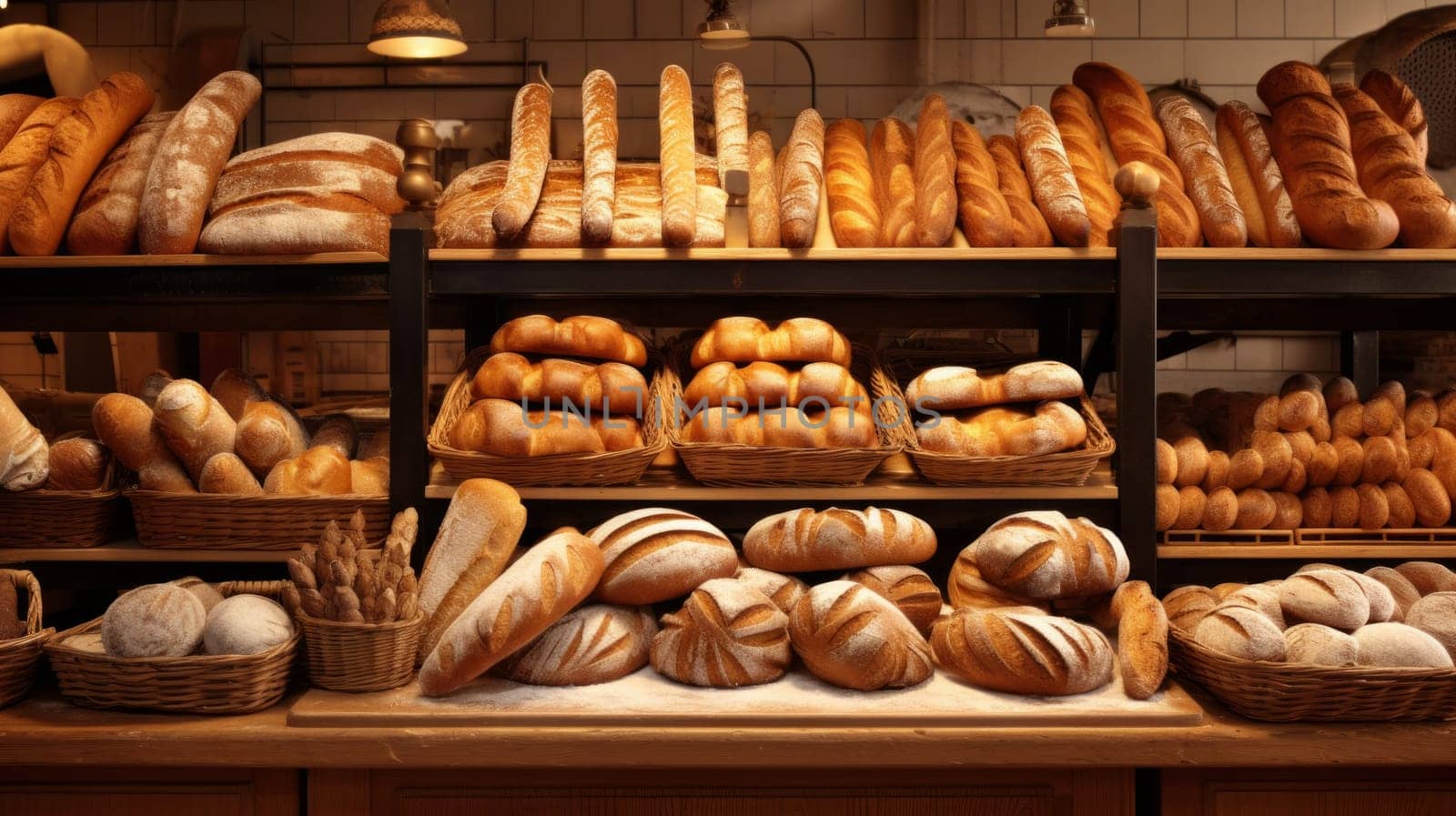 Fresh bread on shelves in a bakery, city market, different types of freshly baked bread. ai generated art image