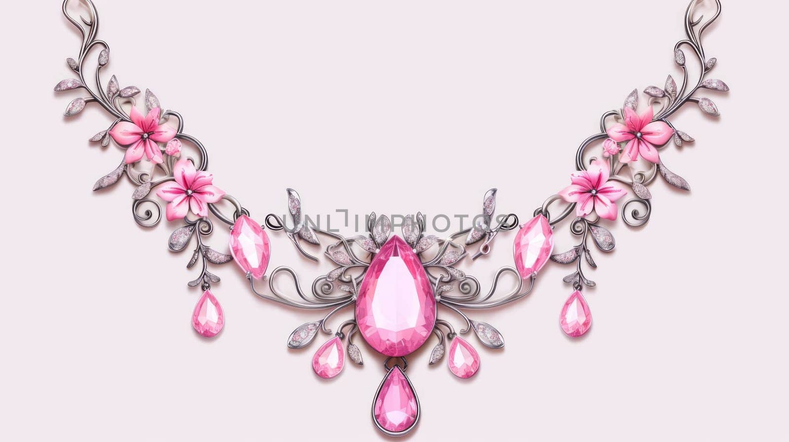 Beautiful silver and gold necklace with big pink diamond gem on white background. Neural network ai generated art