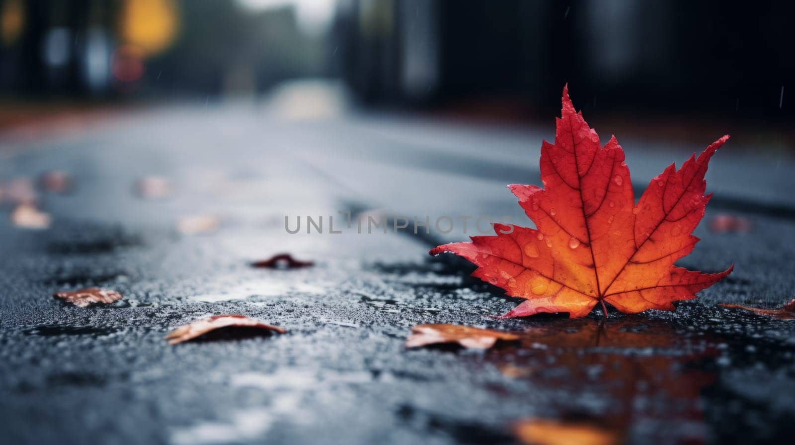 Close up of orange autumn foliage on wet asphalt road after rain. Neural network ai generated art