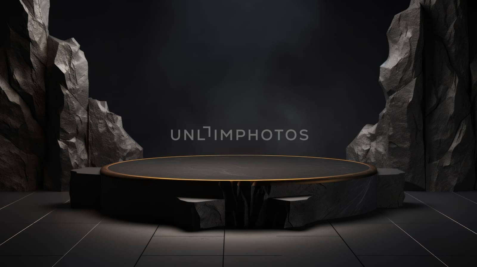Dark grey flat marble stone podium stand for cosmetics and product display among rocks. Neural network ai generated art