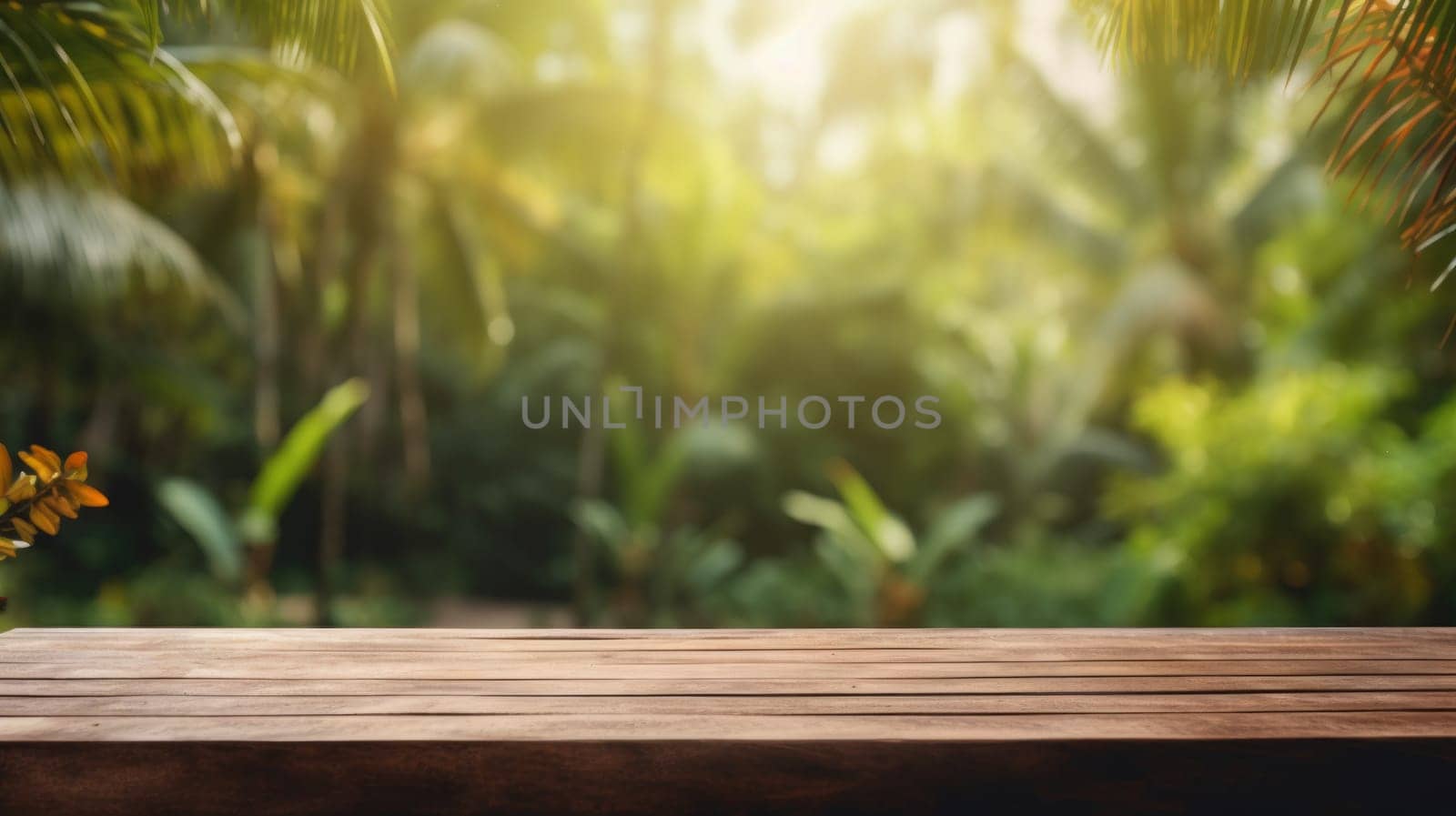 Wood tabletop counter podium floor in outdoors tropical garden forest blurred green leaf plant nature background. Neural network ai generated art