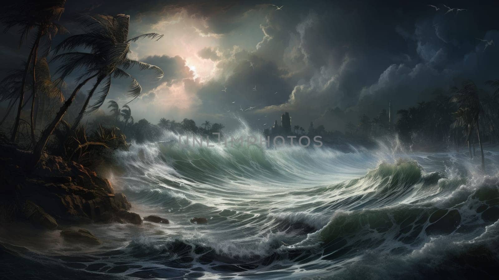 Hurricane on the coast of fictional tropical island. Neural network ai generated art