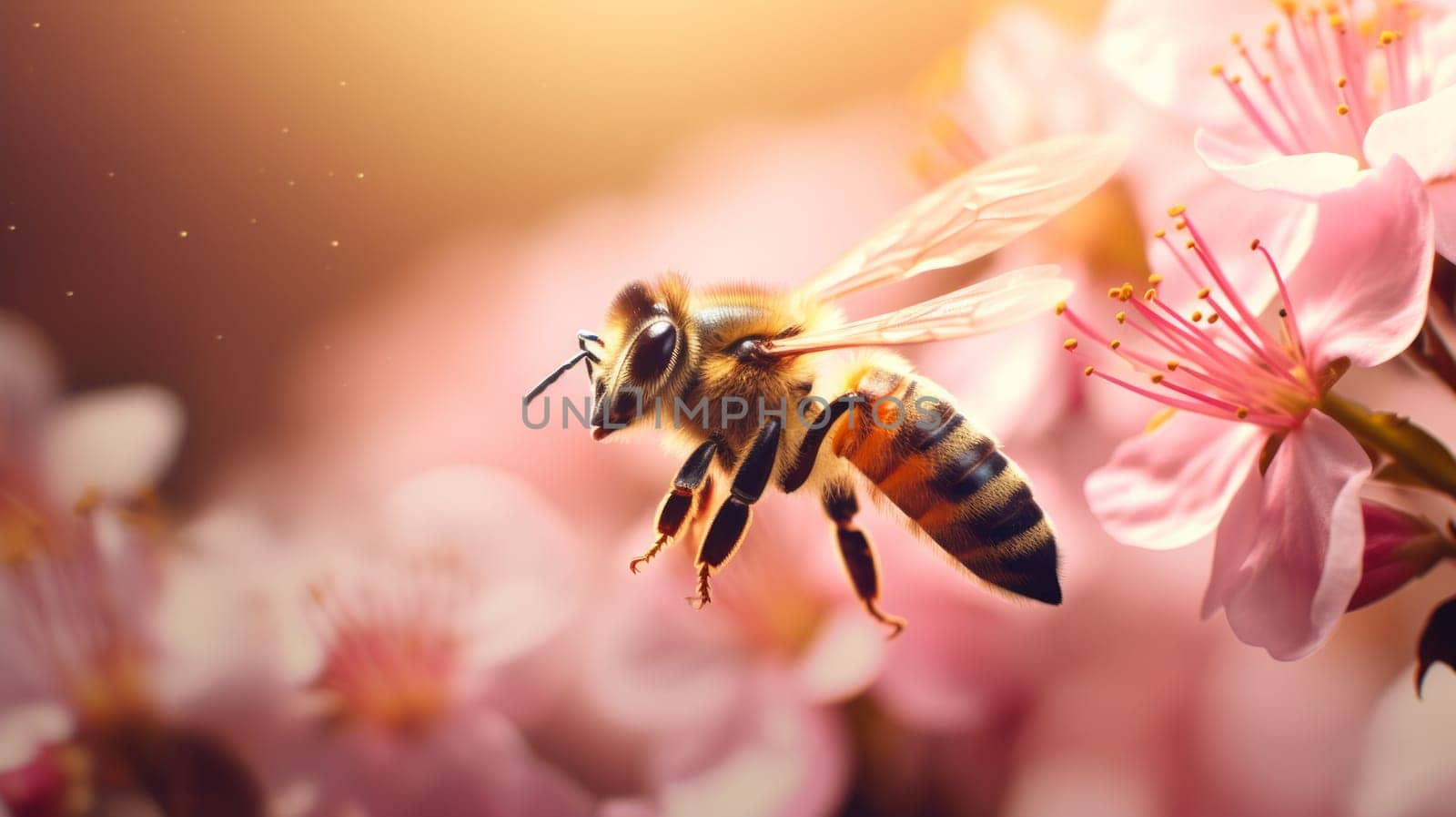Bees collect nectar from cherry blossoms. Selective focus, beautiful background blur. Neural network ai generated art
