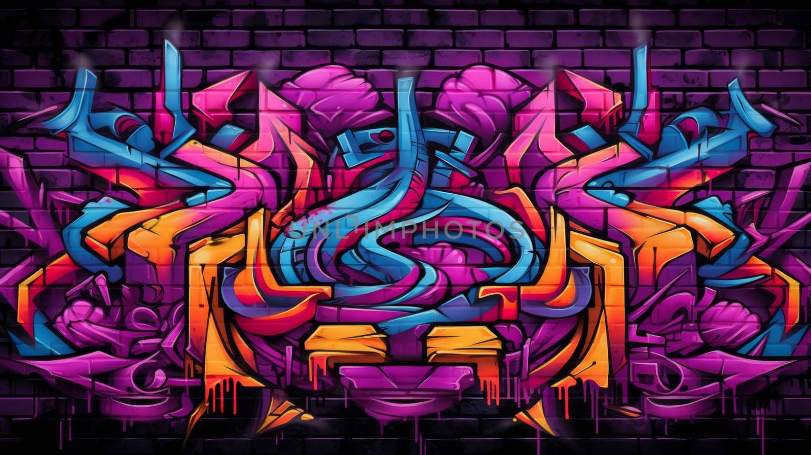 Street art abstract graffiti piece on purple brick wall. Neural network ai generated art