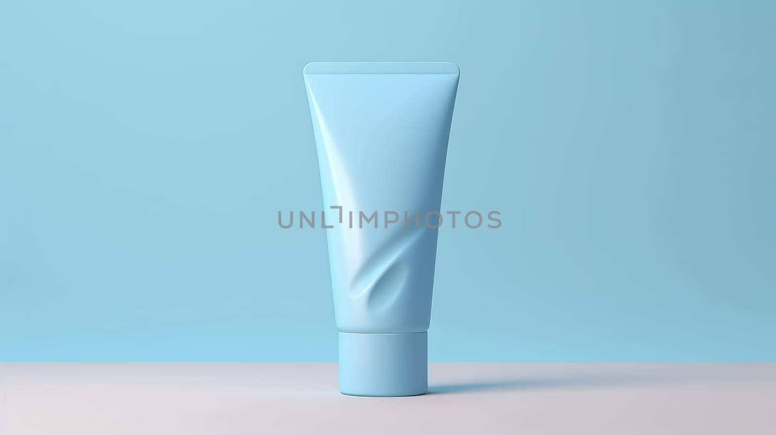 Moisturiser hand cosmetic cream blue plastic tube mockup on light background front view. Neural network ai generated art