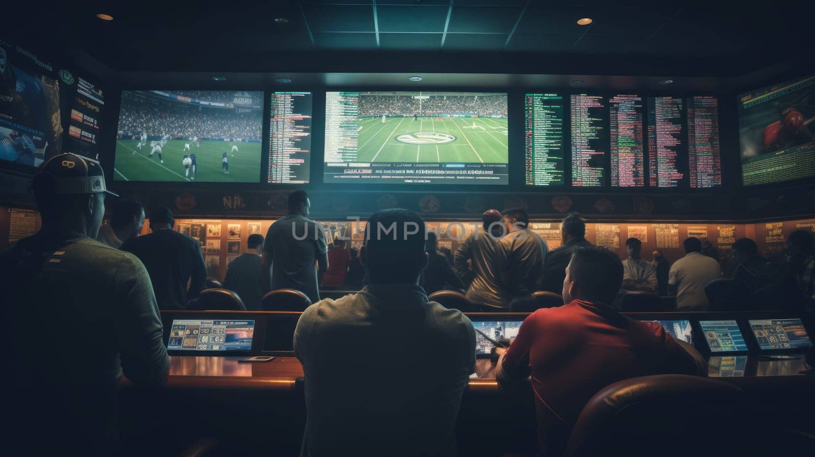 Many people watch statistics on big monitors in betting room or sports bar. Neural network ai generated art