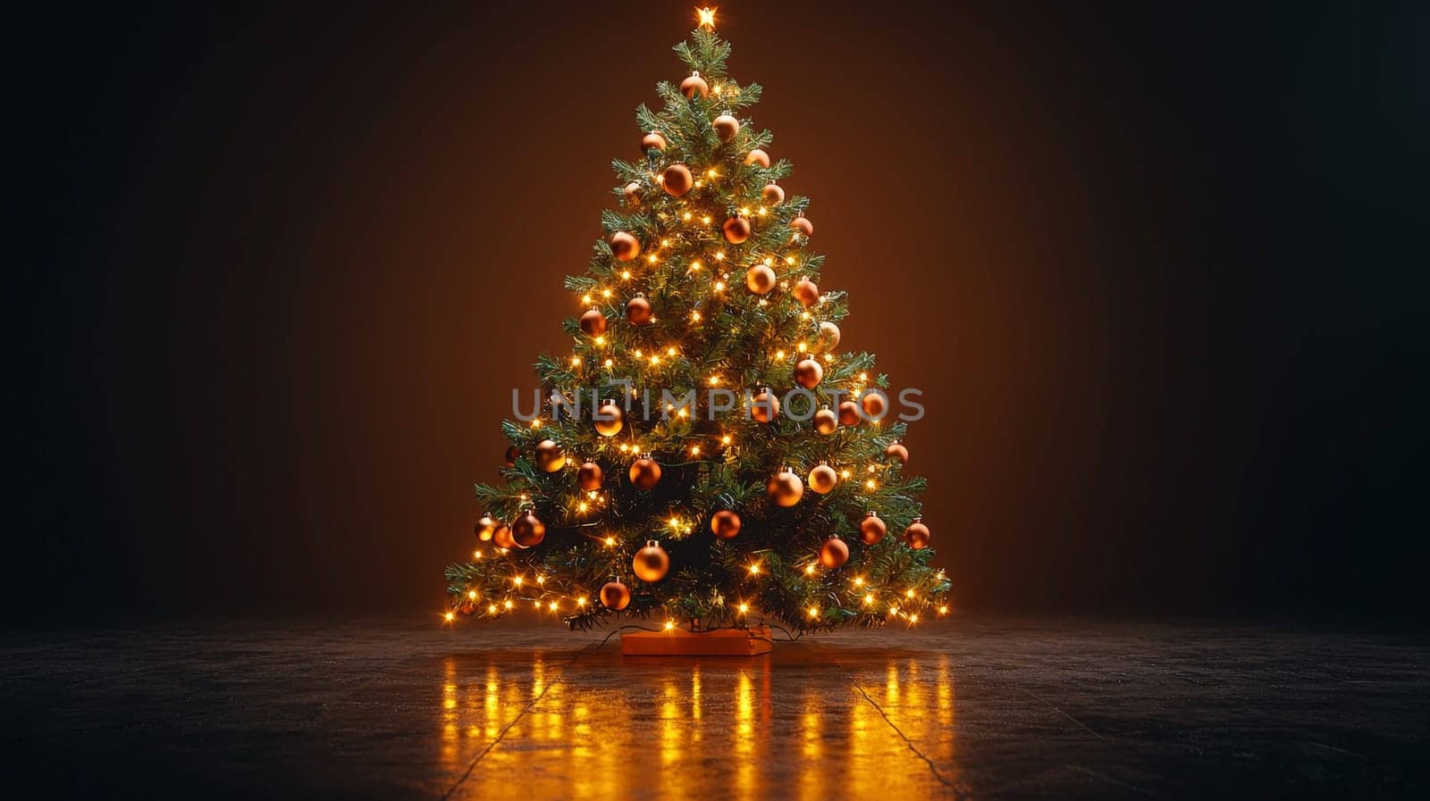 A striking 3D illustration of a Christmas tree, illuminated with soft white lights and adorned with vibrant orange ornaments. This unique and modern holiday design adds warmth and contemporary charm, creating a festive atmosphere that stands out.