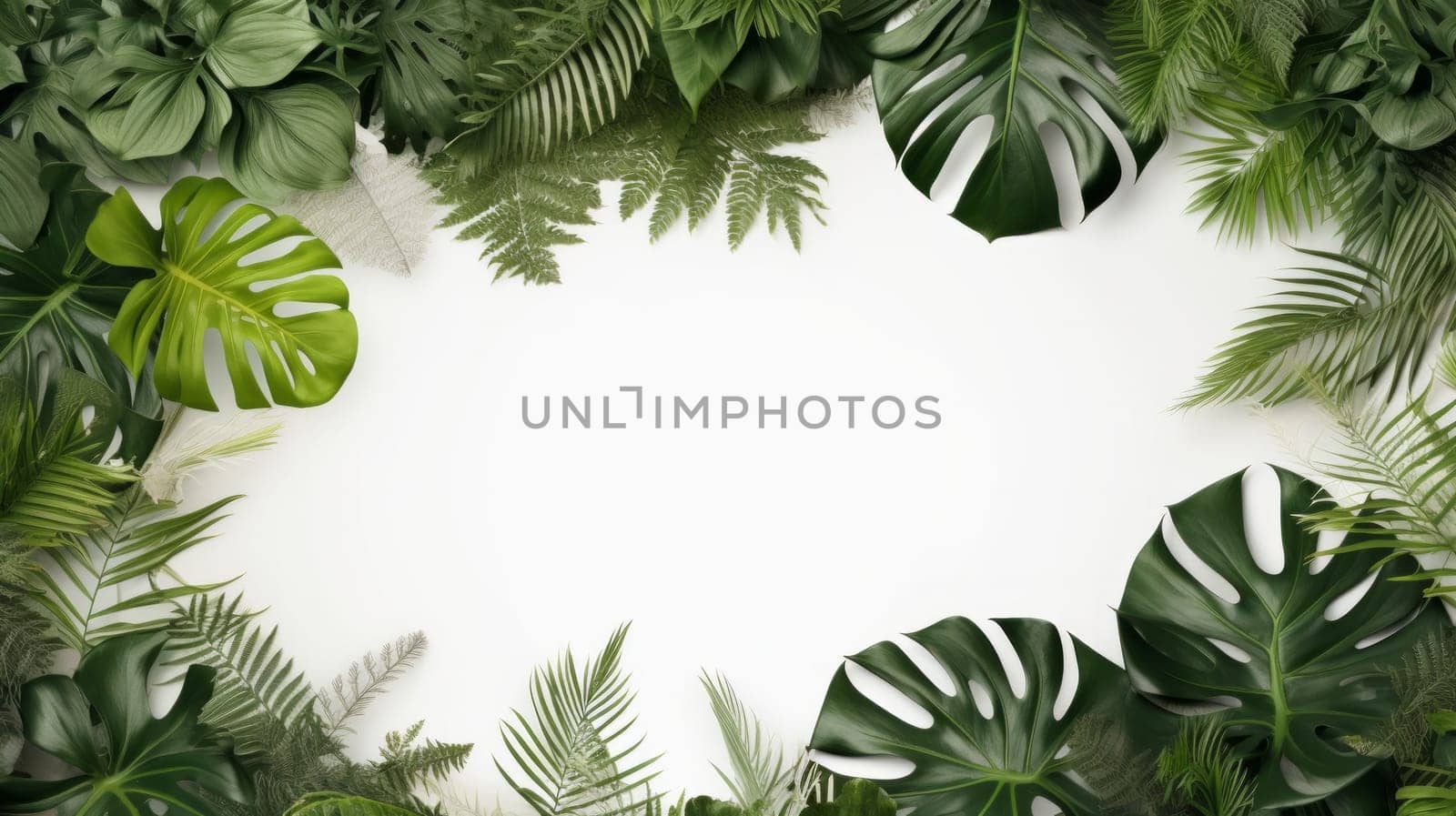 Tropical leaves foliage plant bush floral arrangement nature backdrop isolated on white background. Neural network ai generated art