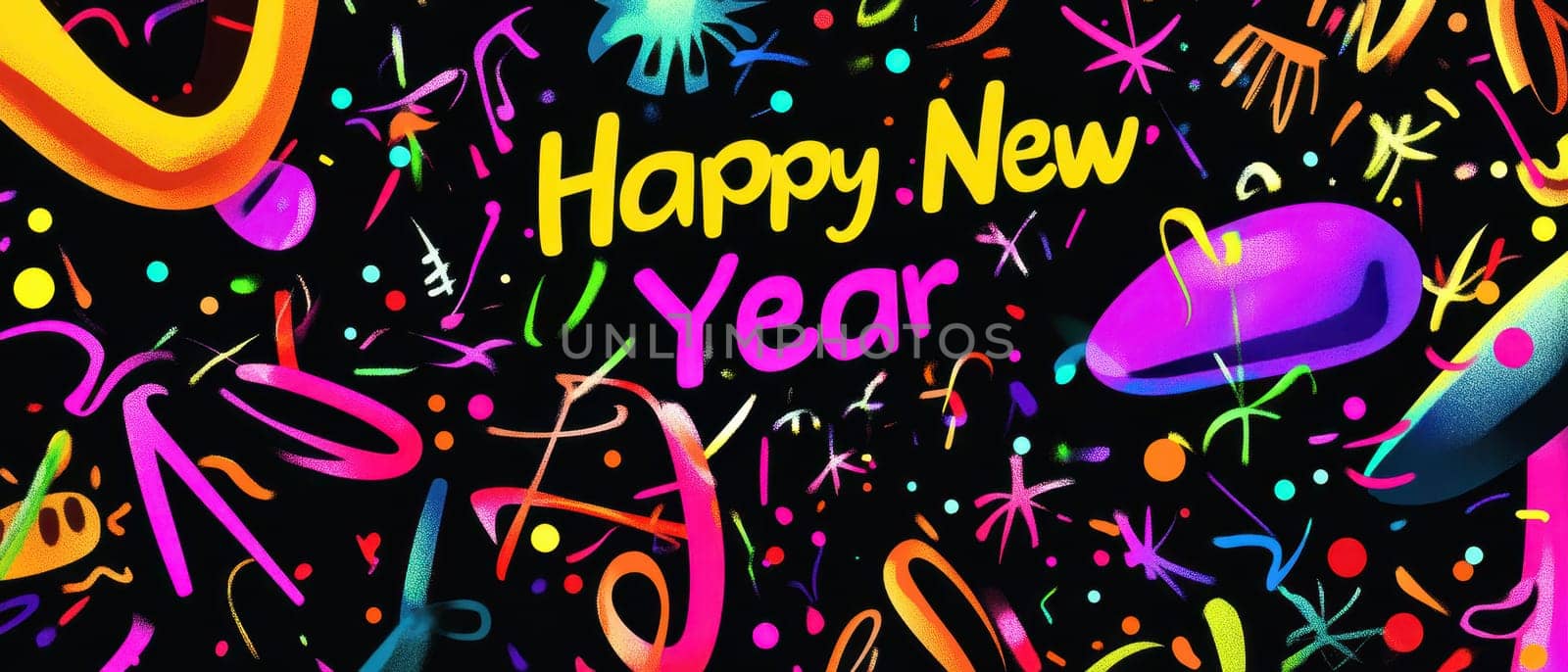 Bright colorful graphics celebrate the New Year with joyful designs and festive confetti on a dark background.