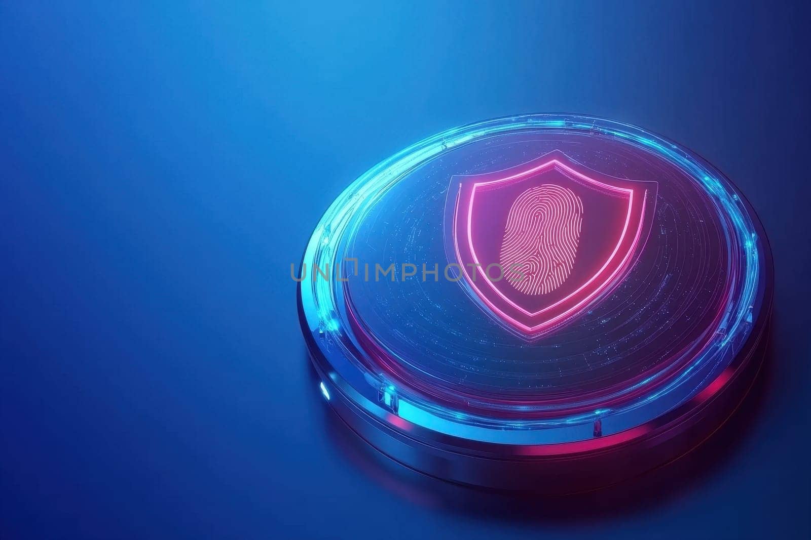 A futuristic fingerprint scanner featuring a shield shape design, highlighted in vibrant neon colors. Ideal for technology and security themes in visual projects.