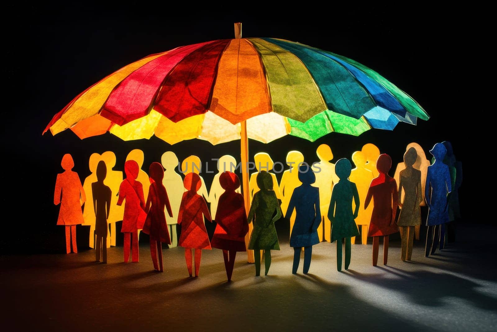 This vibrant image features colorful paper cutout people standing together under a rainbow umbrella, symbolizing diversity and unity in a creative and cheerful way.