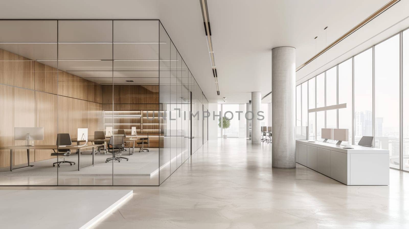 A minimalist office design with open spaces and clean lines