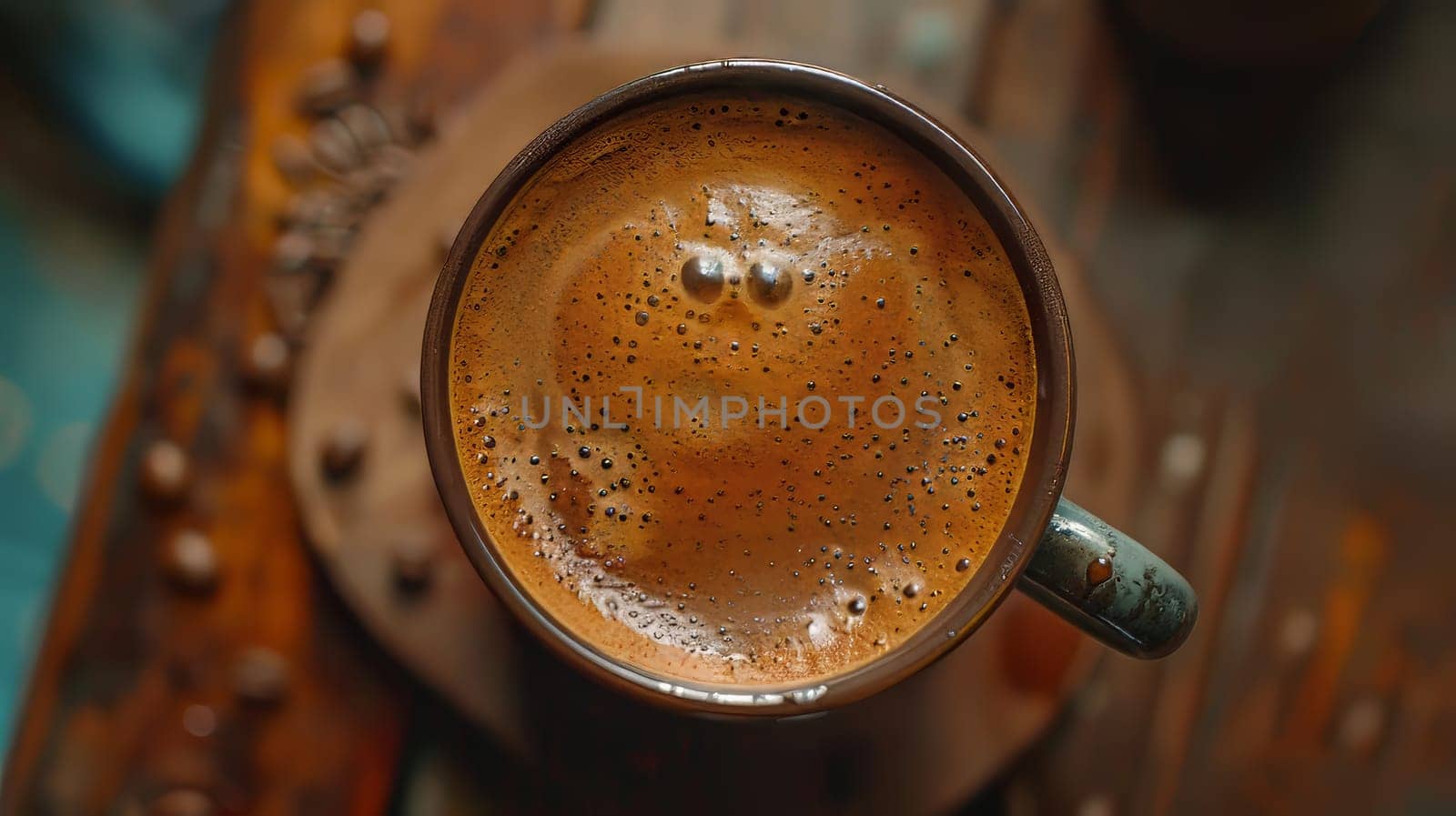 A top-down perspective of a mug filled with fragrant