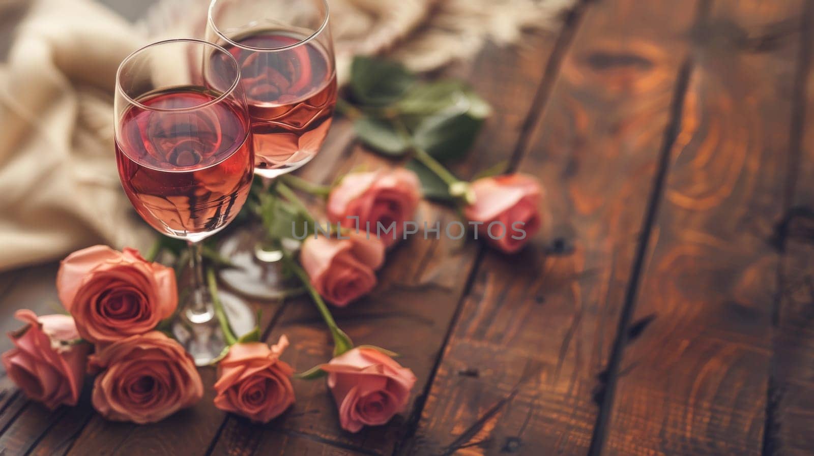 A romantic dinner setup with wine glasses and a bouquet of roses on a rustic wooden table, captured from a high angle