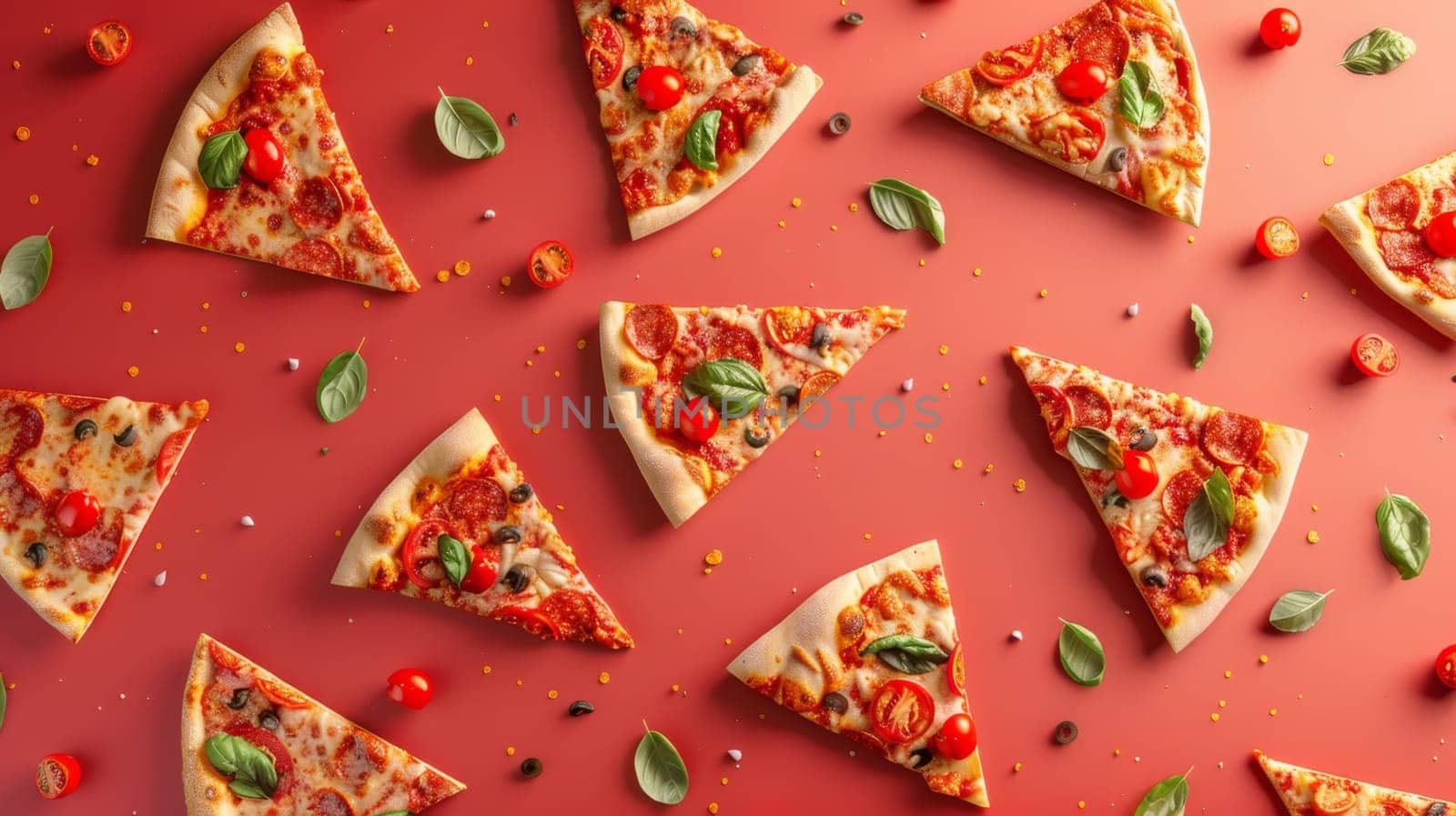 Abstract arrangement of floating pizza slices in a contemporary layout