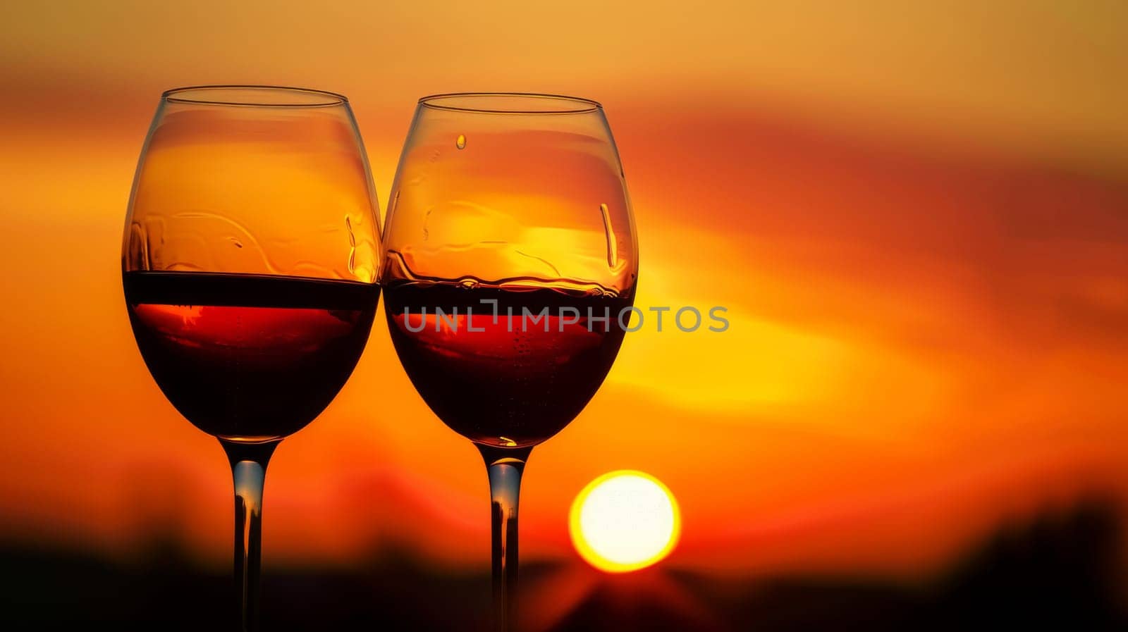 A pair of wine glasses clinking against a sunset backdrop, symbolizing love