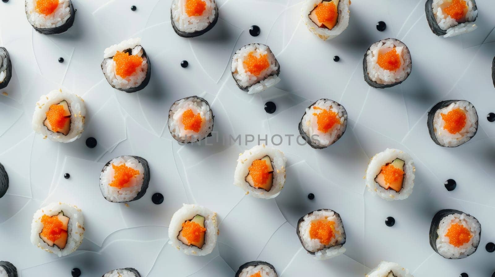 Abstract arrangement of spinning sushi rolls in an abstract pattern