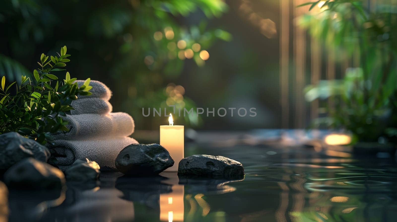 Balanced composition of spa and relaxation elements with unobtrusive copy area