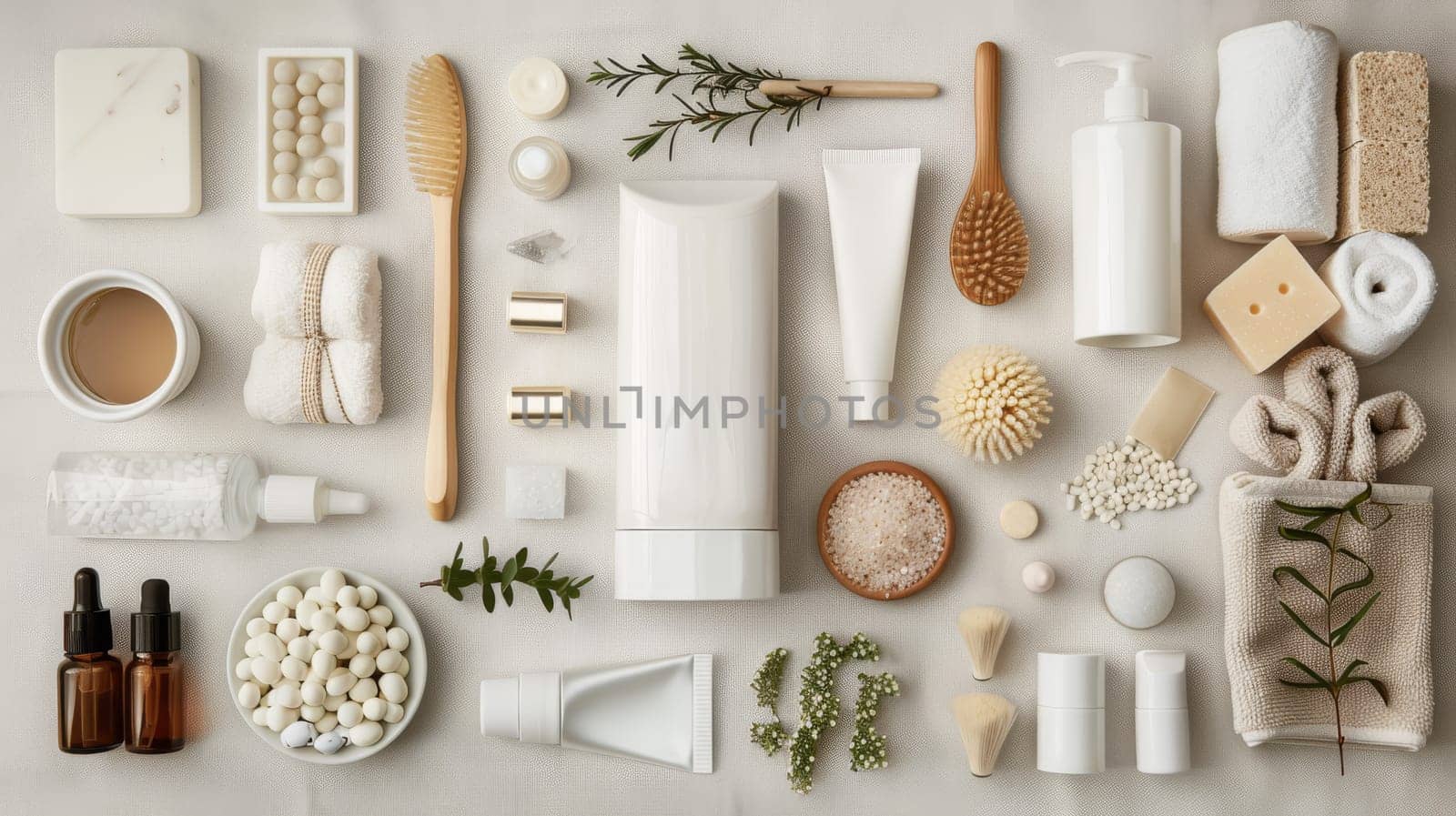 A white table with many items on it, including a bottle of lotion, a toothbrush, and a cup of coffee